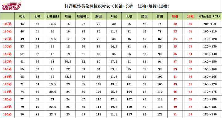 艾咪天使英倫校服尺碼表