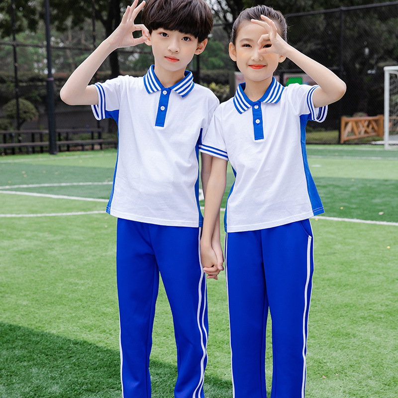 藍白色兒童夏季短袖套裝班服幼兒園園服定制